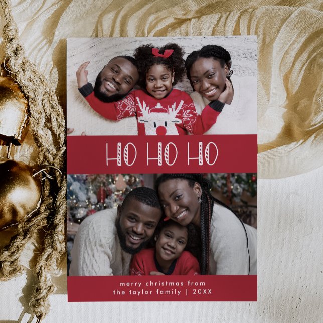 Cartão De Festividades LUCY Dark Red DIFERENT Ho Ho Foto Natal (LUCY Dark Red Fun Family Ho Ho Ho Photo Christmas Holiday Card)