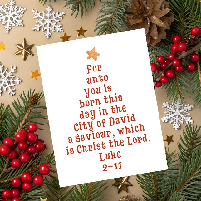 Cartão De Festividades Luke 2:11 Bible Verse Christmas Tree Art (Luke 2:11 Bible verse shaped like a Christmas tree with star – Christian Christmas greeting card.)