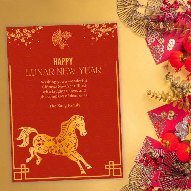 Cartão De Festividades Lunar New Year Horse in Red & Gold Chinese (Elegant Red & Gold Lunar New Year Horse Card (Personalized))