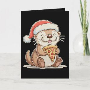 Cartão De Festividades Lutra Bonita de Natal Comendo Pizza Gorro de Natal