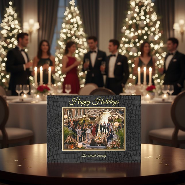 Cartão De Festividades Luxuosa Estampa de Faux Crocodilo Preto com Textur (Luxury Black Crocodile Print Frame Photo Holiday Card)