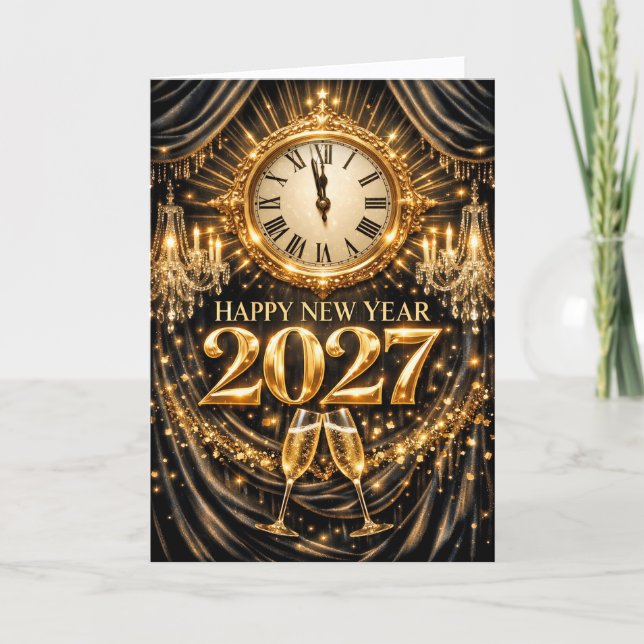 Cartão De Festividades Luxurious Gold Black Elegant New Year 2027 (Frente)