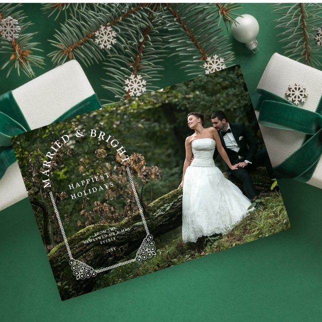 Cartão De Festividades Luxurious Ornamental Dome Arch Newlyweds Photo (Luxurious Ornamental Dome Arch Effect Newlyweds Photo Holiday Card with Envelope.)