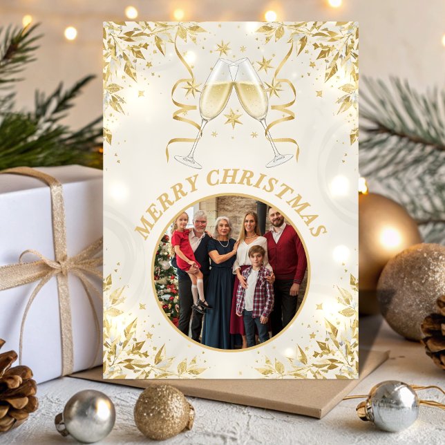 Cartão De Festividades Luxury Champagne & White Family Christmas Photo (Criador carregado)