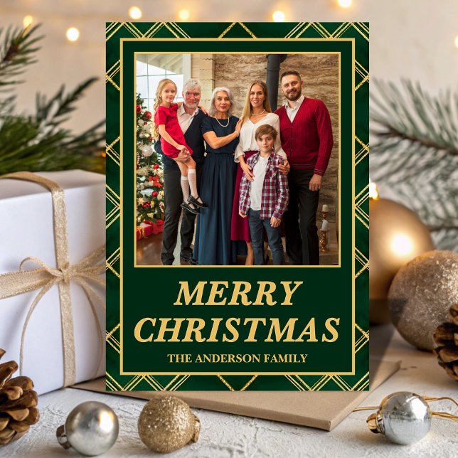 Cartão De Festividades Luxury Emerald Tartan Plaid Family Photo Christmas (Criador carregado)