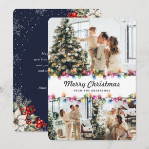 Cartão De Festividades Luzes Coloridas de Natal Foto Botânica Azul