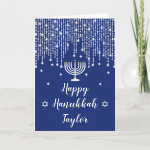 Cartão De Festividades Luzes de Corda Azuis e Prateadas Feliz Hanukkah