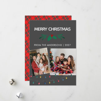 Cartão De Festividades Luzes de Corda com Padrão Tartan Natal 2 Fotos