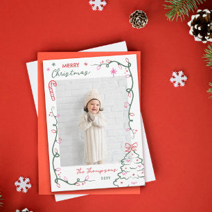 Cartão De Festividades Luzes de Corda Desenhadas à Mão & Árvore Feliz Nat