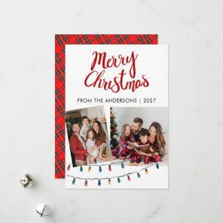 Cartão De Festividades Luzes de Corda Padrão Tartan Natal 2 Fotos