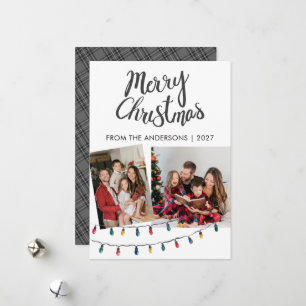 Cartão De Festividades Luzes de Corda Padrão Tartan Natal 2 Fotos