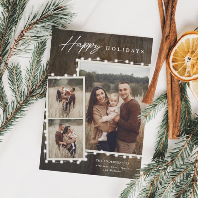 Cartão De Festividades Luzes de Fadas Rústicas Colagem de 3 Fotos (Rustic Christmas Fairy Lights 3 Photo Collage Holiday Cards)