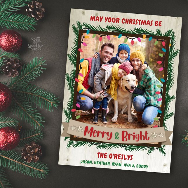 Cartão De Festividades Luzes de Garland com feliz e Bright Photo Christma (Criador carregado)