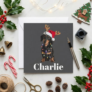 Cartão De Festividades Luzes de Natal com Chapéu de Papai Noel Dachshund 