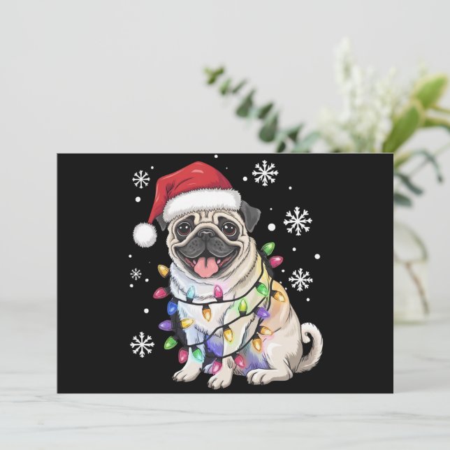 Cartão De Festividades Luzes de Natal do Papai Noel Pug Amante de Cachorr (Em pé/Frente)
