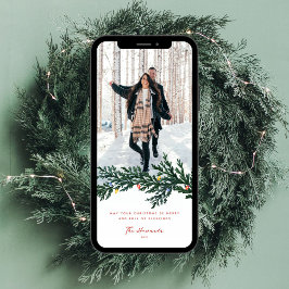 Cartão De Festividades Luzes de Natal e Foto Verde