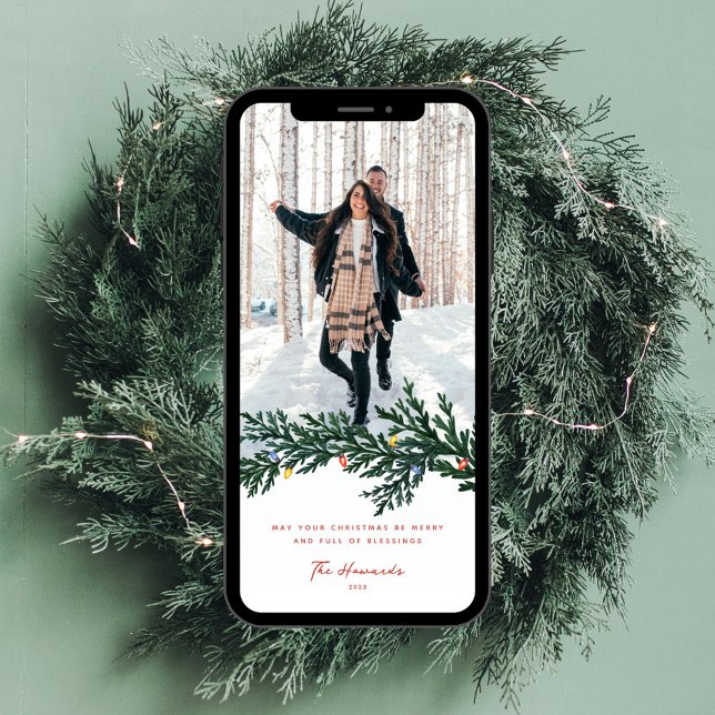 Cartão De Festividades Luzes de Natal e Foto Verde (Criador carregado)