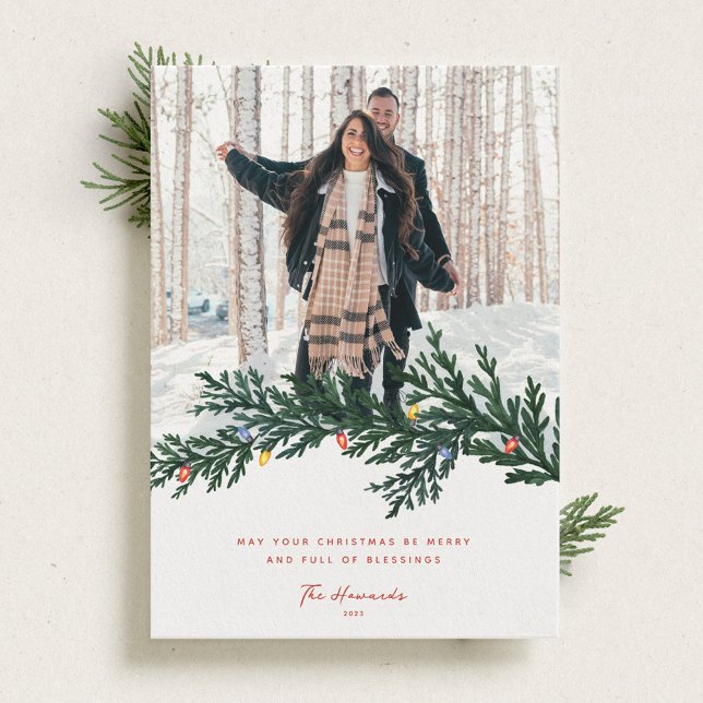 Cartão De Festividades Luzes de Natal e Foto Verde (Criador carregado)