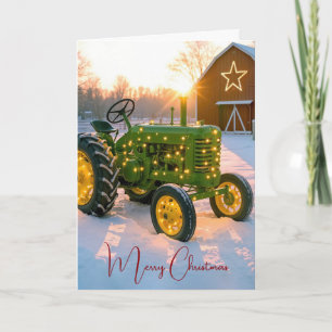 Cartão De Festividades Luzes de Natal em um Trator Agrícola Verde Vintage