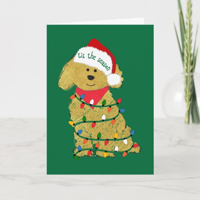 Cartão De Festividades Luzes de Natal personalizadas Goldendoodle (Frente)