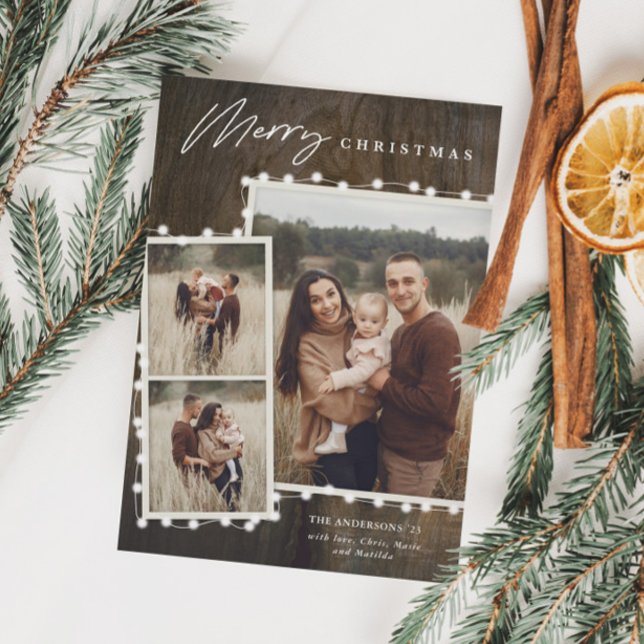 Cartão De Festividades Luzes de Natal Russas 3 Colagem de Fotos (Rustic Christmas Lights 3 Photo Collage Holiday Card)