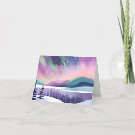 Cartão De Festividades Luzes do Norte Noite de Inverno Colorida | Aquarel