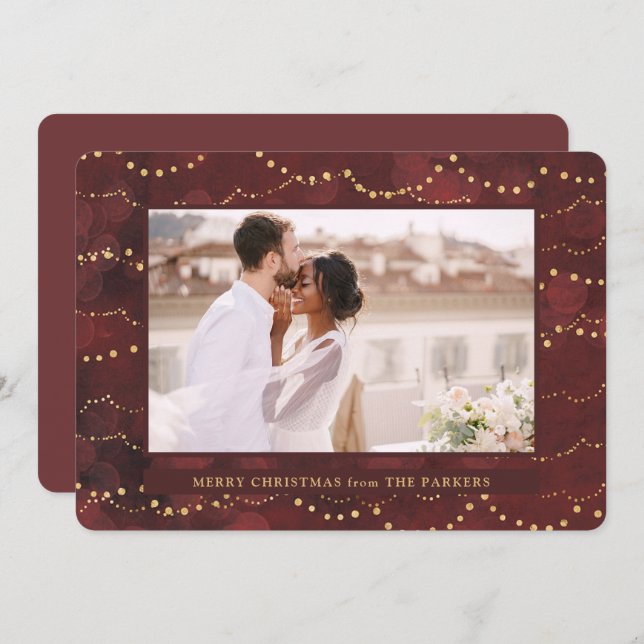 Cartão De Festividades Luzes Douradas | Natal de uma foto elegante (Frente/Verso)