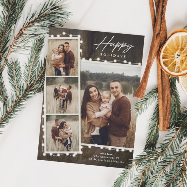 Cartão De Festividades Luzes Rústicas de Natal 4 Colagem de Fotos (Criador carregado)