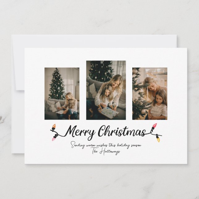 Cartão De Festividades Luzes Simples de Natal 3 Fotos de Natal  (Frente)