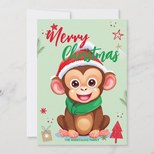 Cartão De Festividades Macaco fofo papai noel Natal Feriado Nome da famíl (Frente)