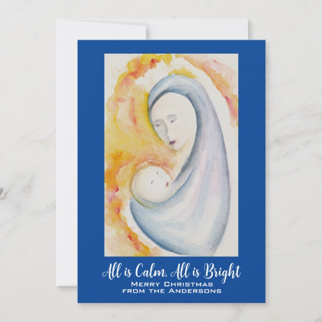 Cartão De Festividades Madona e Menino Personalizados Aquarela (Frente)