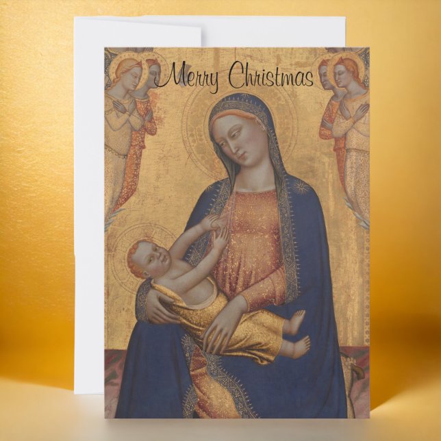Cartão De Festividades Madonna e Criança Feliz Natal Dourado (Criador carregado)