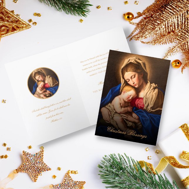 Cartão De Festividades Madonna Religiosa e Bíblia Infantil Verso Natal (Religious Christmas card for Catholics and Christians in gold and white)