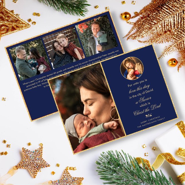 Cartão De Festividades Madonna Religiosa e Foto Católica para Crianças (Midnight blue and gold religious Christmas card for Catholics and Christians with Madonna and Child)