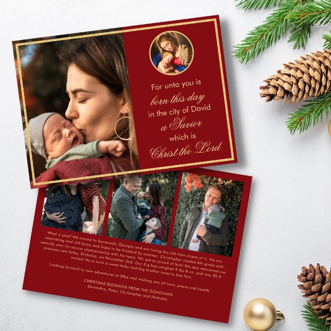 Cartão De Festividades Madonna Religiosa e Foto da Criança Natal Católico (Red and gold religious Christmas cards for Catholics and Christians with Madonna & Child)