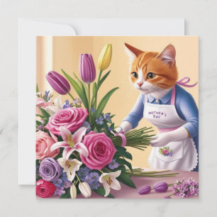 Cartão De Festividades Mãe de Gato está arranjando Flores Dia das Mães