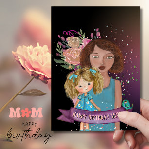 Cartão De Festividades Mãe e Filha Ilustração Placa de Aniversário floral