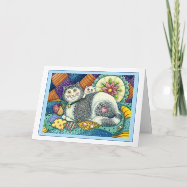 CARTÃO DE FESTIVIDADES MÃE GATO E COZINHO, TRABALHOS DE PATCHWORK, PINCUS (Frente)