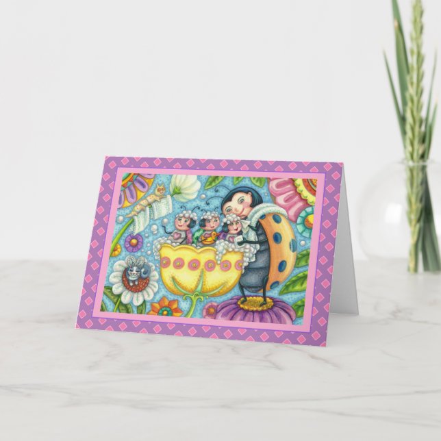 CARTÃO DE FESTIVIDADES MÃE LADYBUG E CRIANÇAS, TUBARÃO DE TULIP (Frente)