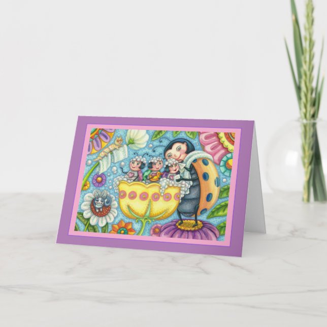 CARTÃO DE FESTIVIDADES MÃE LADYBUG E CRIANÇAS, TUBARÃO DE TULIP, BANHO H (Frente)