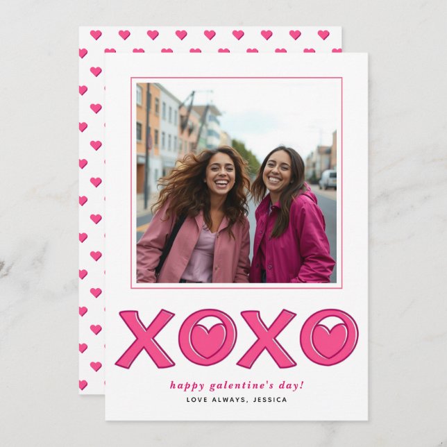Cartão De Festividades Magenta pink XOXO hearts Galentines Day photo (Frente/Verso)