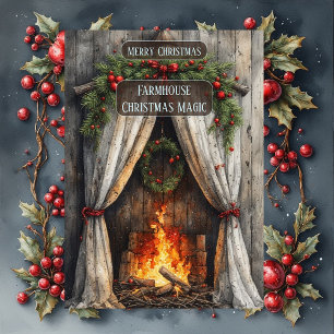 Cartão De Festividades Magia do Natal na Lareira da Casa de Campo Rústica