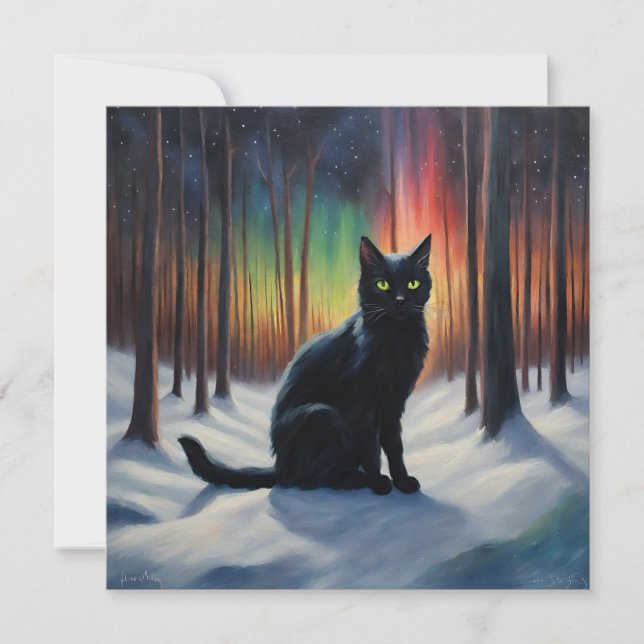 Cartão De Festividades Magia Lua: Um Gato Negro na Floresta Neve (Frente)