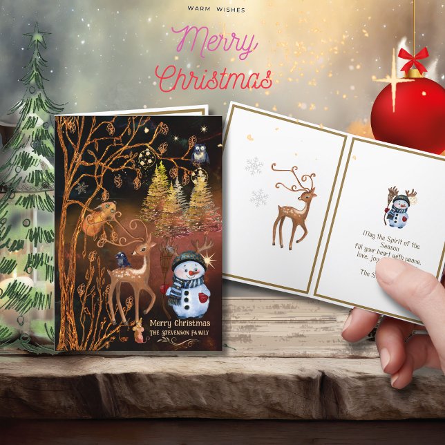 Cartão De Festividades Mágica de Natal - Animais de Floresta Cura (Christmas Magic - Cute Woodland Animals Holiday Card)