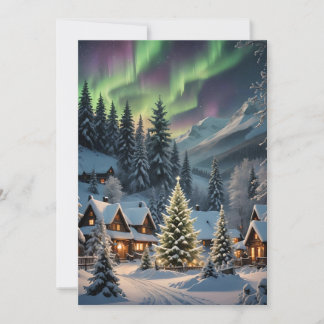 Cartão De Festividades Magical Christmas, mountain village, polar lights 
