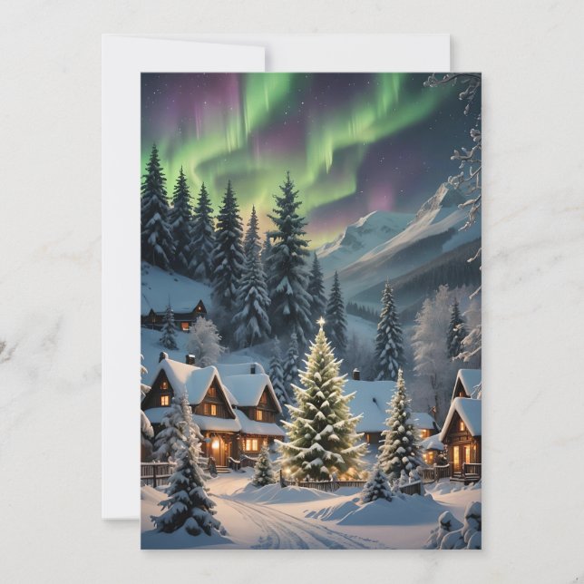 Cartão De Festividades Magical Christmas, mountain village, polar lights  (Frente)