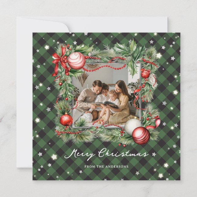 Cartão De Festividades Magical Green Starry Photo Merry Christmas Card (Frente)