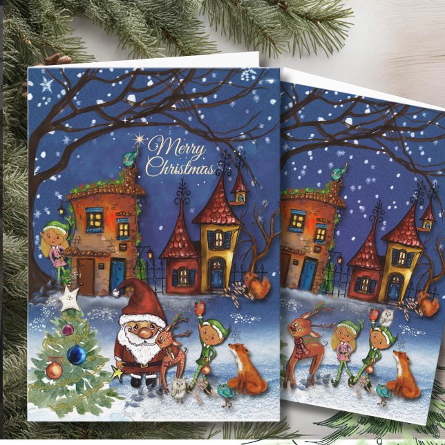 Cartão De Festividades Magical Santa Christmas Village I Forest Friends (Magical Santa Christmas Village I Forest Friends Holiday Card)