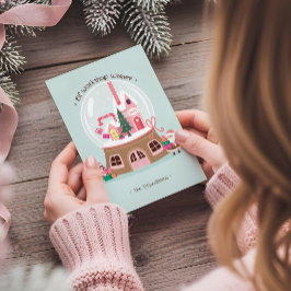 Cartão De Festividades Magical Snow Globe Santa's Elves Pink Workshop