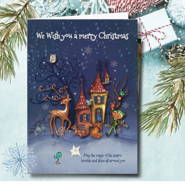 Cartão De Festividades Magical Snowy Christmas Village | Elf & Reindeer (Magical Snowy Christmas Village  Elf & Reindeer Holiday Card)
